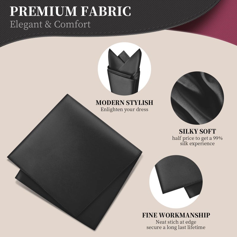 GB Selected Satin Pocket Square for Men, Vegan Silk Suit Handkerchief - Black - Image 2