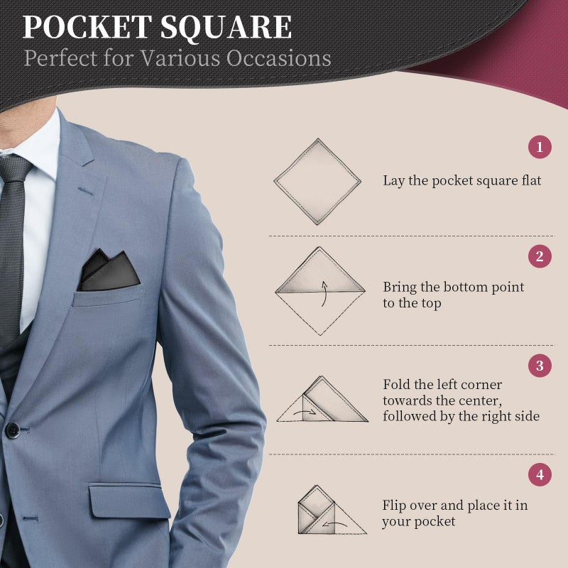 GB Selected Satin Pocket Square for Men, Vegan Silk Suit Handkerchief - Black - Image 4
