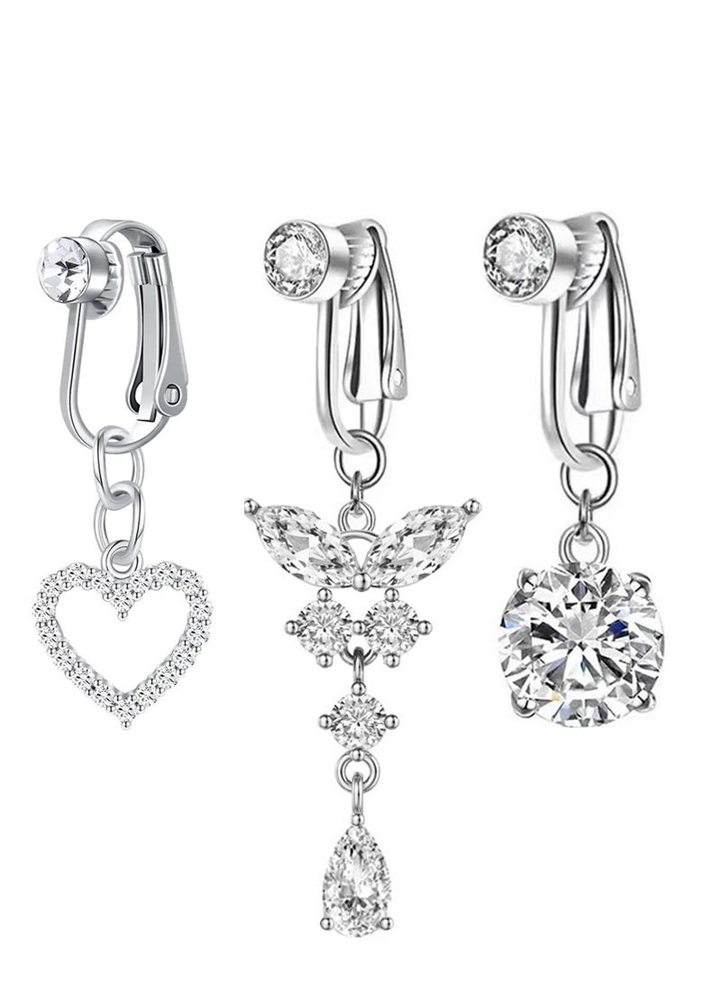 3pcs silvery fake belly ring set body jewelry set  piercing free Navel Ring set butterfly non piercing belly ring for Women  Clip On Belly Button Rings  for girls party graduation birthday wedding gifts - Image 1