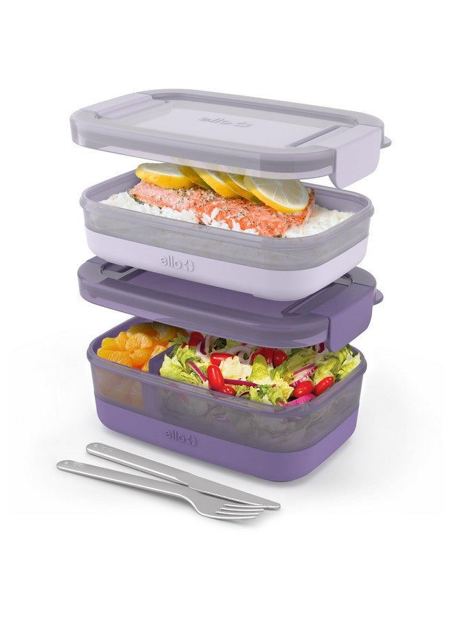 إلو علبة بينتو من إيلو، عبوة من قطعتين، مع أغطية بلاستيكية محكمة الغلق، وقاعدة سيليكون، وخالية من مادة BPA، وآمنة للاستخدام في الفريزر والميكروويف وغسالة الأطباق، وزهرة الوستارية. - Image 1