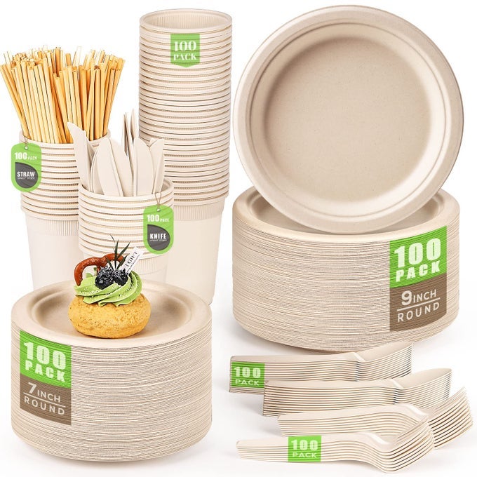COMPOSTABLE PAPER PLATES 700PCS BIODEGRADABLE HEAVYDUTY BROWN PLATES SET FOR PARTY
