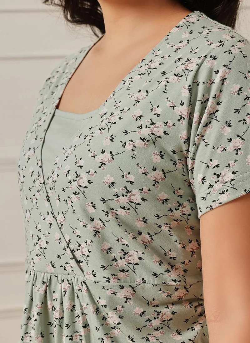 Clovia Green Clovia Floral Print Feeding Top & Pyjama Set in Light Green - 100% Cotton for Women | Best Price UAE