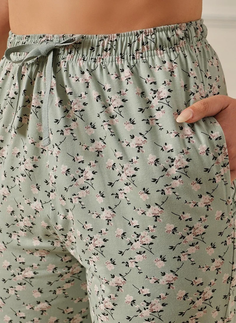 Clovia Green Clovia Floral Print Feeding Top & Pyjama Set in Light Green - 100% Cotton for Women | Best Price UAE