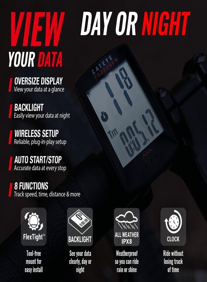 CATEYE Padrone Plus Bike Computer - Oversized Display Cyclocomputer, Wireless Speed Tracking for Cyclists, FlexTight™ Mount, Automatic Start/Stop, Backlight Display with Night Mode - Image 2