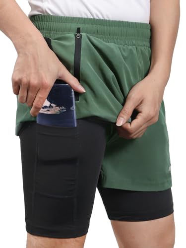 ARSUXEO Men's 2 in 1 Active Running Shorts with 2 Zipper and 1 Phone Pockets Army Green Small - Image 1