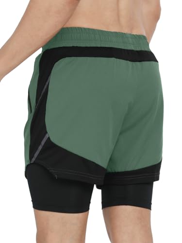 ARSUXEO Men's 2 in 1 Active Running Shorts with 2 Zipper and 1 Phone Pockets Army Green Small - Image 2