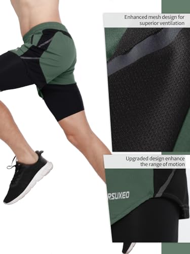 ARSUXEO Men's 2 in 1 Active Running Shorts with 2 Zipper and 1 Phone Pockets Army Green Small - Image 3
