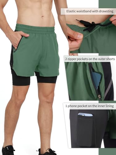 ARSUXEO Men's 2 in 1 Active Running Shorts with 2 Zipper and 1 Phone Pockets Army Green Small - Image 4