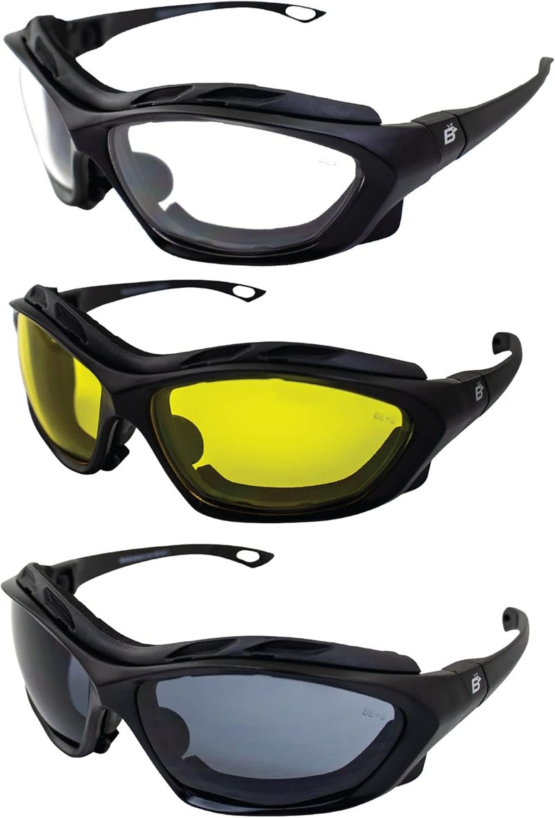 Birdz Eyewear Canopy Padded Motorcycle Sunglasses with Clear, Smoke & Yellow Lenses - Image 1