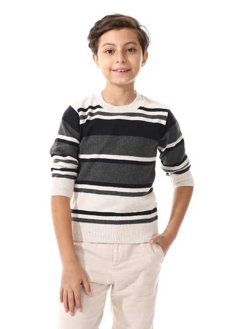 Crew Neck Striped Boys Pullover - Navy Blue, Grey & Off White_ Navy Blue, Grey & Off White