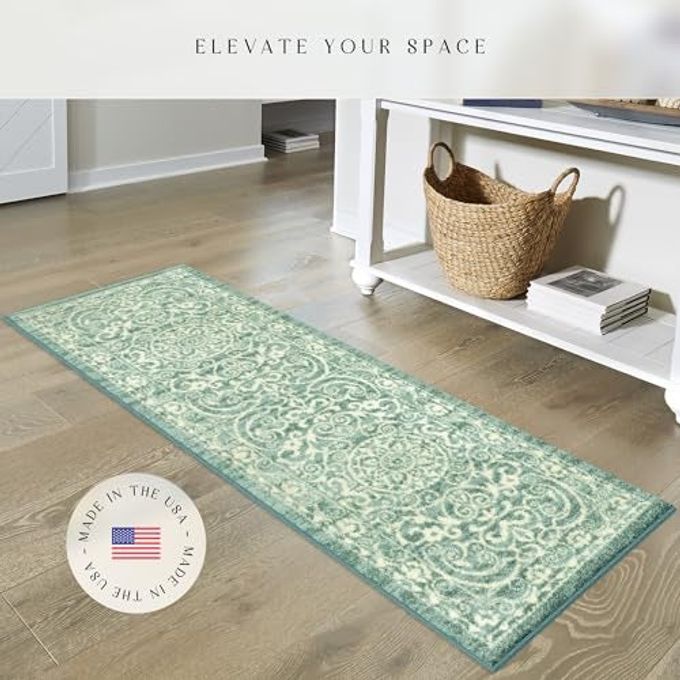 Maples Rugs Pelham Transitional Runner Rug Made in USA Washable, Non Slip, Indoor Carpet for Hallway, Kitchen, and Laundry Room, 2' x 6', Light Spa - Image 2