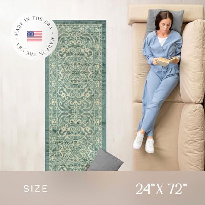 Maples Rugs Pelham Transitional Runner Rug Made in USA Washable, Non Slip, Indoor Carpet for Hallway, Kitchen, and Laundry Room, 2' x 6', Light Spa - Image 3