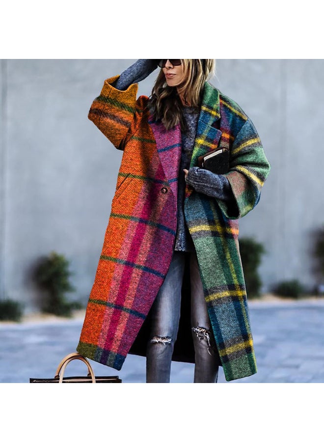 European And American Autumn Women's Clothing, Various Color-blocked Plaid Long-sleeved Lapel Outwears, Printed Dragon And Phoenix Woolen Outwears