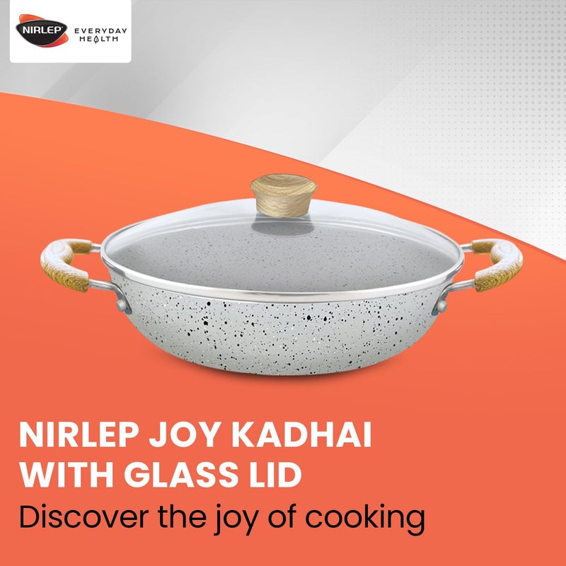 NIRLEP NIRLEP Joy Series 24cm Kadhai with Glass LidGranite Finish NonStick KadhaiWooden Handles Easy to Clean Induction Base Kadhai Easy Cooking Soft Touch Handles 1Yr Warranty be Bajaj Grey - Image 2