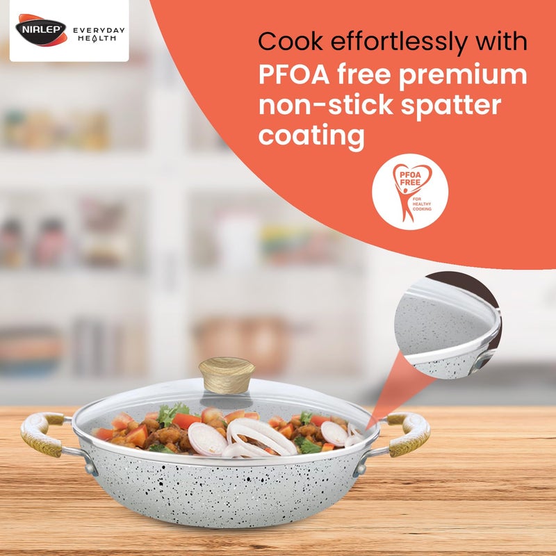 NIRLEP NIRLEP Joy Series 24cm Kadhai with Glass LidGranite Finish NonStick KadhaiWooden Handles Easy to Clean Induction Base Kadhai Easy Cooking Soft Touch Handles 1Yr Warranty be Bajaj Grey - Image 3