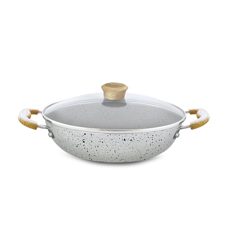 NIRLEP NIRLEP Joy Series 24cm Kadhai with Glass LidGranite Finish NonStick KadhaiWooden Handles Easy to Clean Induction Base Kadhai Easy Cooking Soft Touch Handles 1Yr Warranty be Bajaj Grey - Image 1