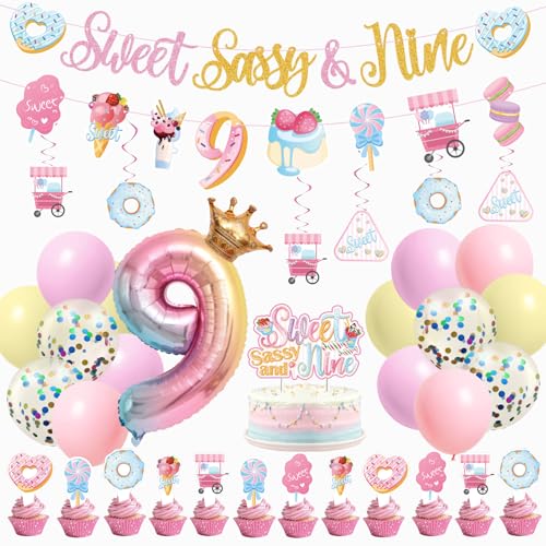 JUYRLE Sweet Sassy And Nine Birthday Decorations 9th Birthday Decorations For Girls With Donut Banner Sweet Cake Topper 9th Foil Balloon For 9th Donut Themed Party Decor Sweet Nine Party Supplies - Image 1