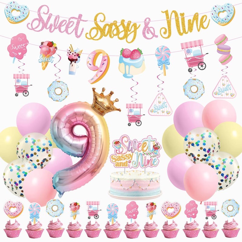 JUYRLE Sweet Sassy And Nine Birthday Decorations 9th Birthday Decorations For Girls With Donut Banner Sweet Cake Topper 9th Foil Balloon For 9th Donut Themed Party Decor Sweet Nine Party Supplies - Image 3