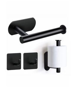 Toilet Paper Holder No Drilling Required, Stainless Steel Self-Adhesive Toilet Roll Holder for Gluing for Bathroom and Kitchen with 2 Adhesive Hooks, Black