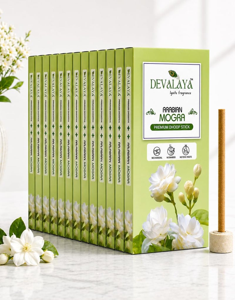 Devalaya Arabian Mogra Dhoop Sticks (120 Sticks, Pack of 12) | Bamboo-Less Incense Sticks for Pooja | 100% Charcoal-Free | Toxin Free | 3-Inch Length with Ceramic Strand | Premium Dhoop Batti - Image 1