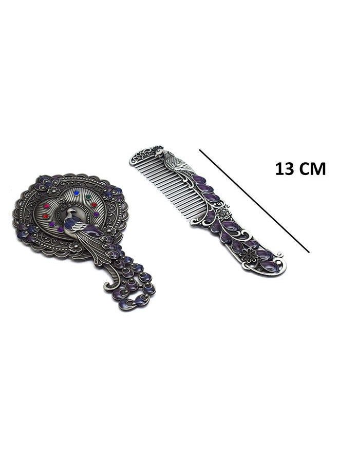 immatgar immatgar pharaonic Peafowl makeup pocket mirror with comb ancient Egyptian souvenirs gifts for women and mother from Egypt (Peafowl 5 - Silver - 13.5 CM Tall)  - Image 2