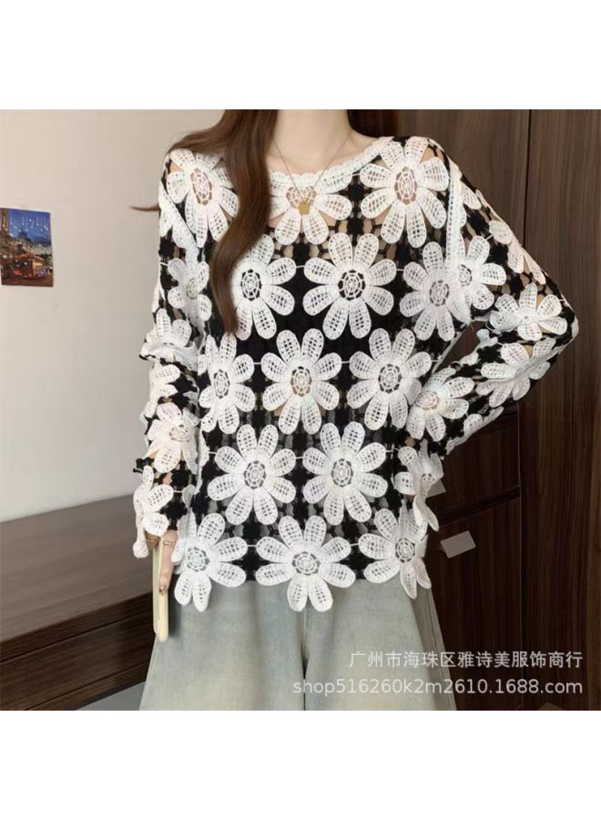 White Women's French Style Hollow Crochet Long Sleeve Knit Sweater, Autumn Loose Outerwear Top