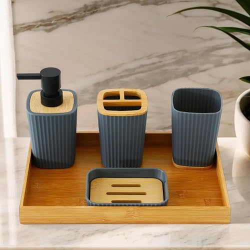 UMAI Bathroom Accessory Sets | Durable Grey Wood Tray | Soap Dispenser 357ml, Toothbrush Holder, Mouthwash Cup & Soap Dish | Lightweight | for Bathroom/Kitchen Sink | Grey and Brown | Pack of 5 - Image 1