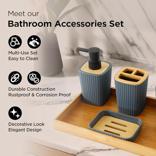 UMAI Bathroom Accessory Sets | Durable Grey Wood Tray | Soap Dispenser 357ml, Toothbrush Holder, Mouthwash Cup & Soap Dish | Lightweight | for Bathroom/Kitchen Sink | Grey and Brown | Pack of 5 - Image 2