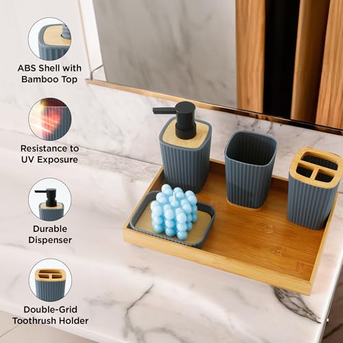 UMAI Bathroom Accessory Sets | Durable Grey Wood Tray | Soap Dispenser 357ml, Toothbrush Holder, Mouthwash Cup & Soap Dish | Lightweight | for Bathroom/Kitchen Sink | Grey and Brown | Pack of 5 - Image 3