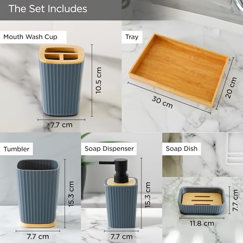 UMAI Bathroom Accessory Sets | Durable Grey Wood Tray | Soap Dispenser 357ml, Toothbrush Holder, Mouthwash Cup & Soap Dish | Lightweight | for Bathroom/Kitchen Sink | Grey and Brown | Pack of 5 - Image 4