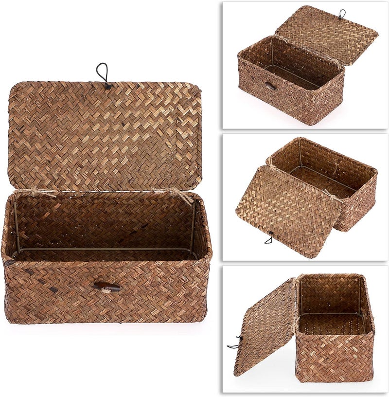 Hipiwe Woven Storage Baskets with Lids Natural Seagrass Coffee (XS, 23 x 13 x 9.5 cm) - Image 2