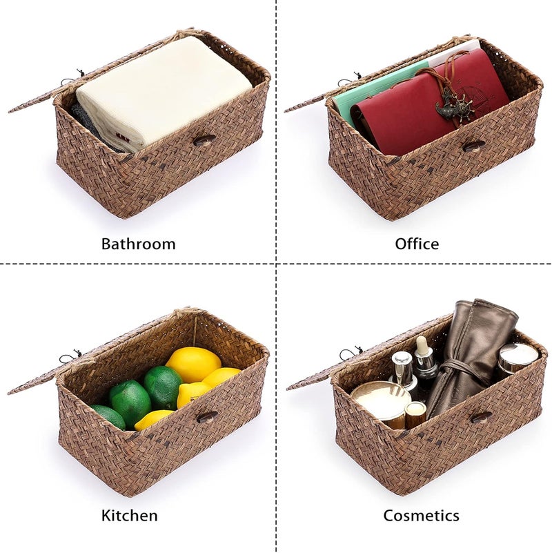 Hipiwe Woven Storage Baskets with Lids Natural Seagrass Coffee (XS, 23 x 13 x 9.5 cm) - Image 5