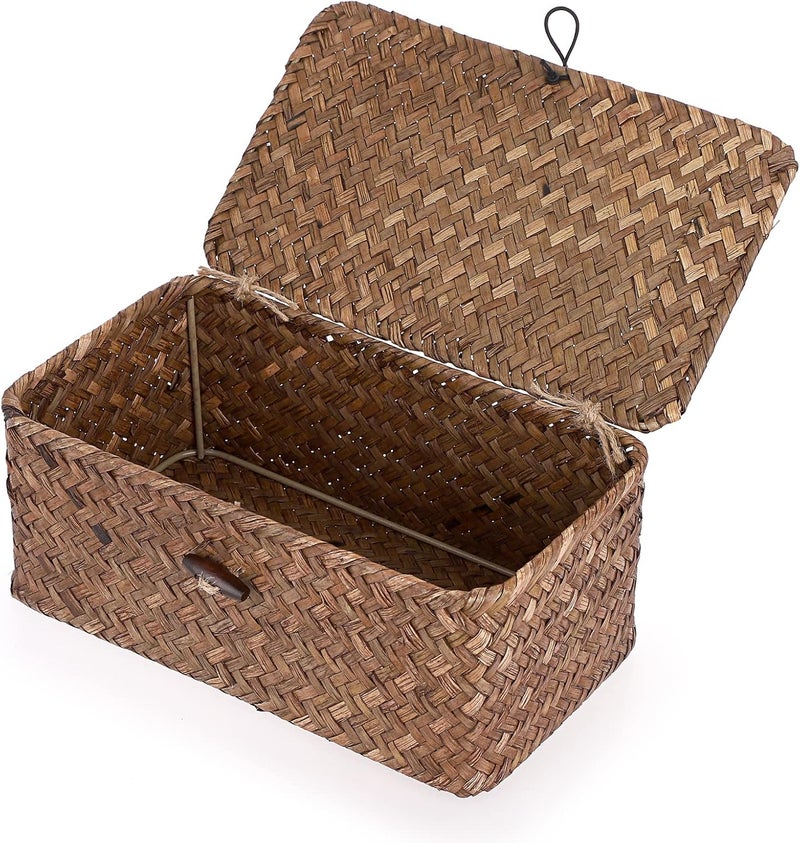 Hipiwe Woven Storage Baskets with Lids Natural Seagrass Coffee (XS, 23 x 13 x 9.5 cm) - Image 1