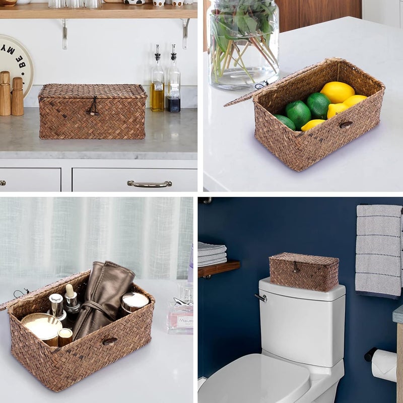 Hipiwe Woven Storage Baskets with Lids Natural Seagrass Coffee (XS, 23 x 13 x 9.5 cm) - Image 3