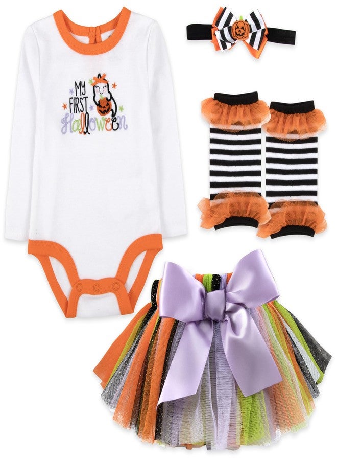 Baby Essentials Baby Girl Halloween Outfit 4-Piece Set - Bodysuit, Striped Pants, Tutu Skirt & Bow Headband - Infant First Halloween (6 months) - Image 1