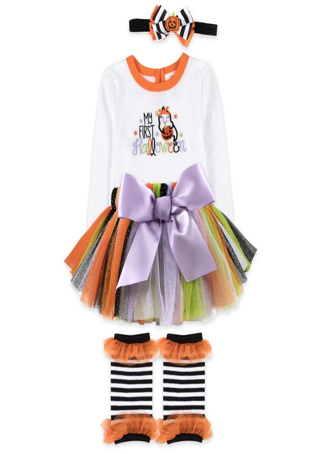 Baby Essentials Baby Girl Halloween Outfit 4-Piece Set - Bodysuit, Striped Pants, Tutu Skirt & Bow Headband - Infant First Halloween (6 months) - Image 2