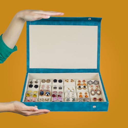 DigiRake Earrings Organizer Box for Women – Teal Rexine Jewelry Storage with 24 Slots for Studs, Jhumkas & Gold Earrings – Ideal for Travel & Gifting - Image 4