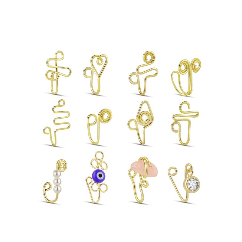 SOLARAE 12 Pcs African Nose Cuff Non Piercing, Clip On Nose Ring for Women, 14k Gold Plating Nose Ring Cuffs Set, Evil Eye, Crystal, Pearl Nose Cuffs, Fake Nose Cuff for Women and Girls - Image 1