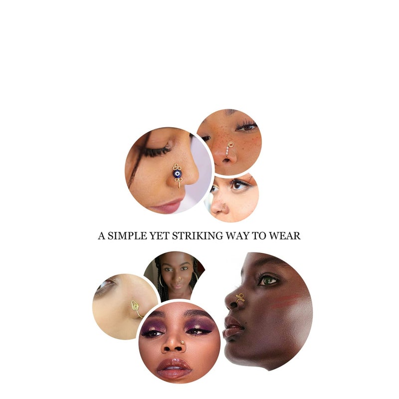SOLARAE 12 Pcs African Nose Cuff Non Piercing, Clip On Nose Ring for Women, 14k Gold Plating Nose Ring Cuffs Set, Evil Eye, Crystal, Pearl Nose Cuffs, Fake Nose Cuff for Women and Girls - Image 3