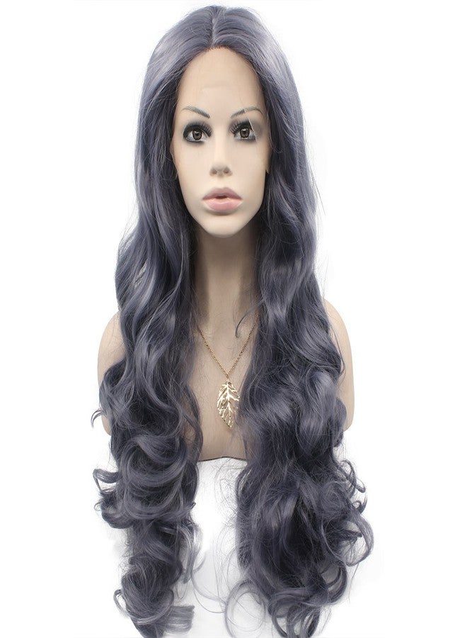 MX angel Long Wavy High Temperature Synthetic Lace Front Dark Grey Wig Natural Half Hand Tied Wavy Wig - Image 1