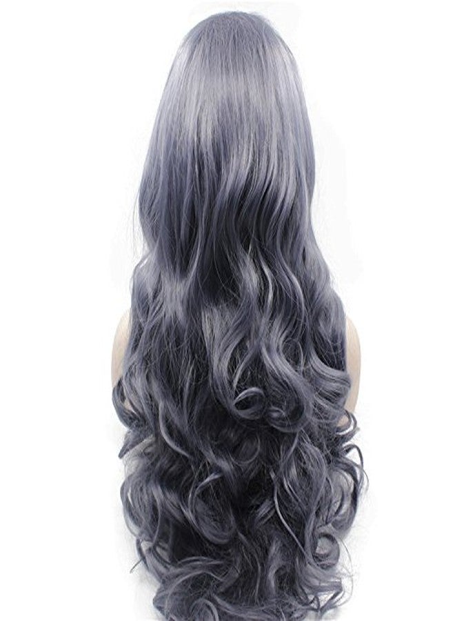 MX angel Long Wavy High Temperature Synthetic Lace Front Dark Grey Wig Natural Half Hand Tied Wavy Wig - Image 2