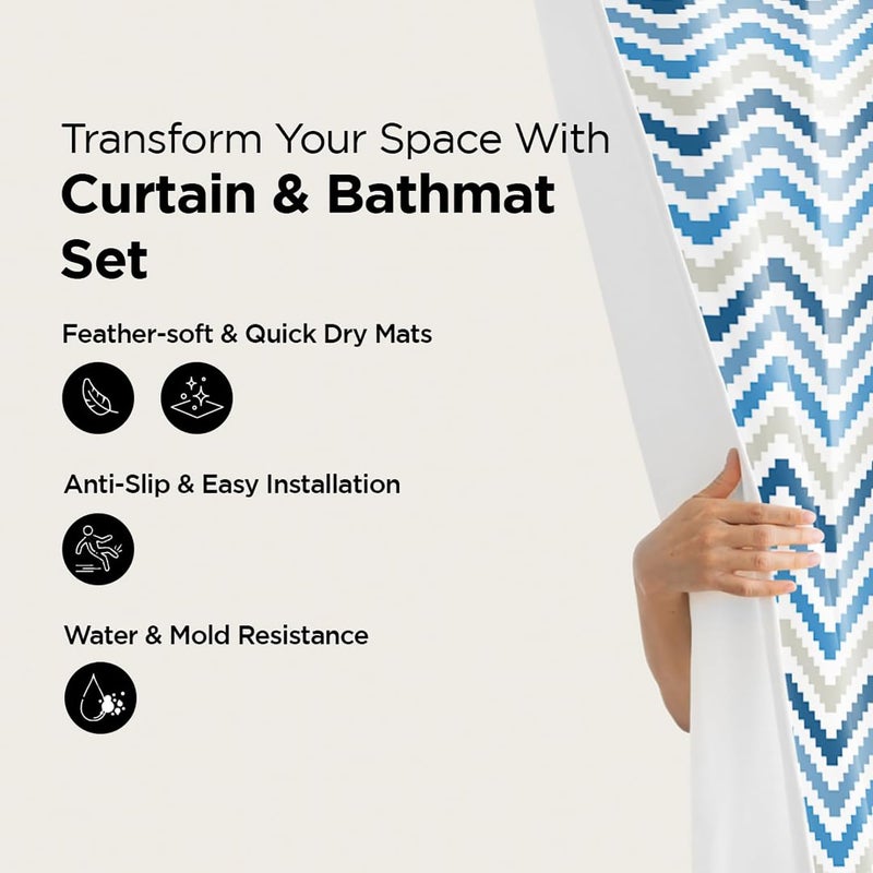 Kuber Industries Shower Curtain & Bathmat Set | Non-Slip Bath mats for Bathroom | Easy-Slide Curtains | Polyester Curtain or Bathmat for Bath Décor | YX0137-3T | 3 Pcs Set | Multicolor - Image 2