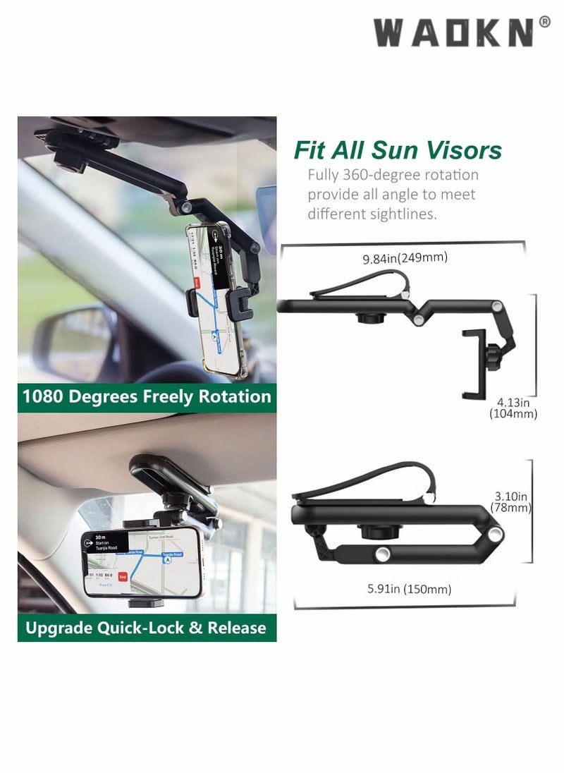 WAOKN - Car Phone Holder for Sun Visor, 1080° Rotatable Sun Visor Car Phone Mount Foldable Dashboard Phone Holder for Car, Universal Adjustable Spring Clip Car Cell Phone Stand for All Phone - Image 1