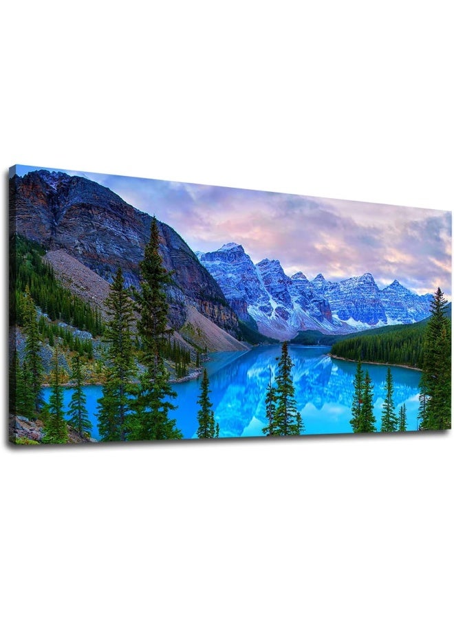 Home Trove Mountain Lake Wall Art Living Room Wall Decor Banff National Park Nature Landscape Canvas Picture Blue Sky Water Forest Canvas Print Artwork For Bedroom Office Home Framed Ready To Hang 20" X 40" - Image 1
