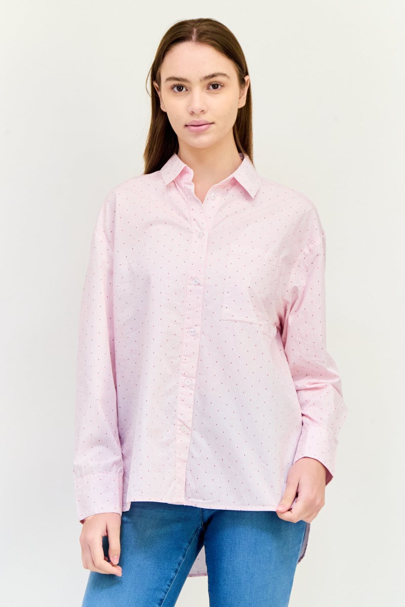 XOXO Women Spread Neck Long Sleeves Micro Stripe Shirt, Pink - Image 1