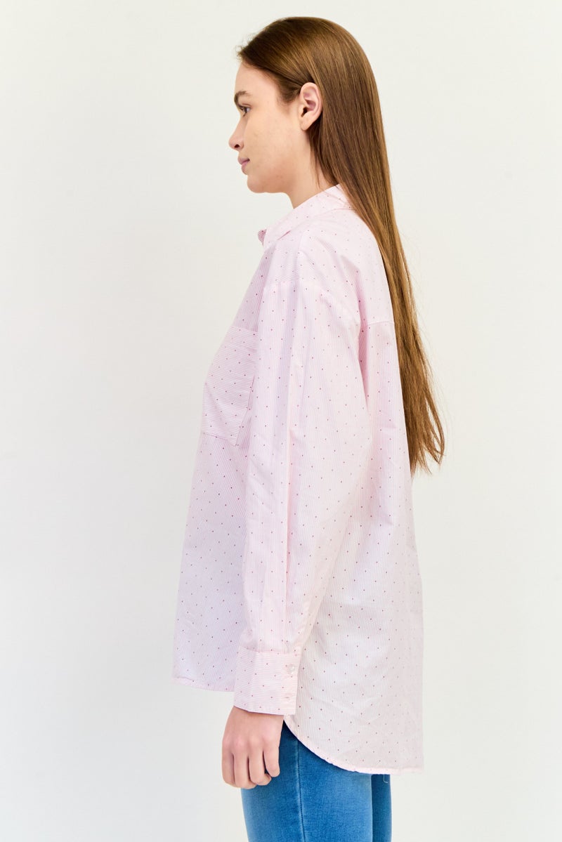 XOXO قميص نسائي بأكمام طويلة وياقة مفتوحة، مخطط دقيق، وردي - Image 2