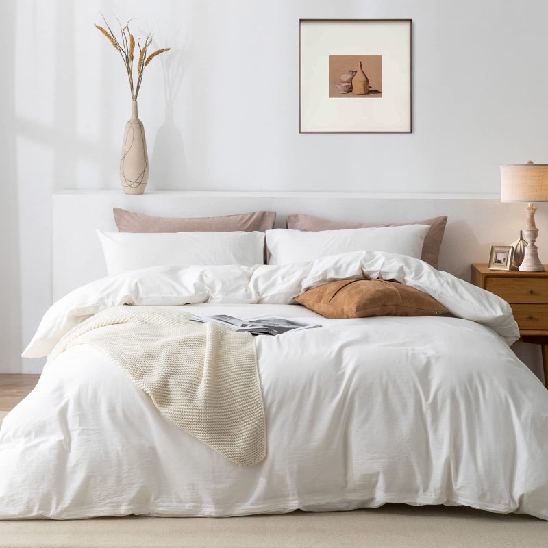 TIPTOE BEAR King Duvet Cover Set 100 Washed Cotton 3 Pcs Soft Comfy Breathable Chic Linen Feel Bedding 1 Duvet Cover and 2 Pillow Shams Cream White