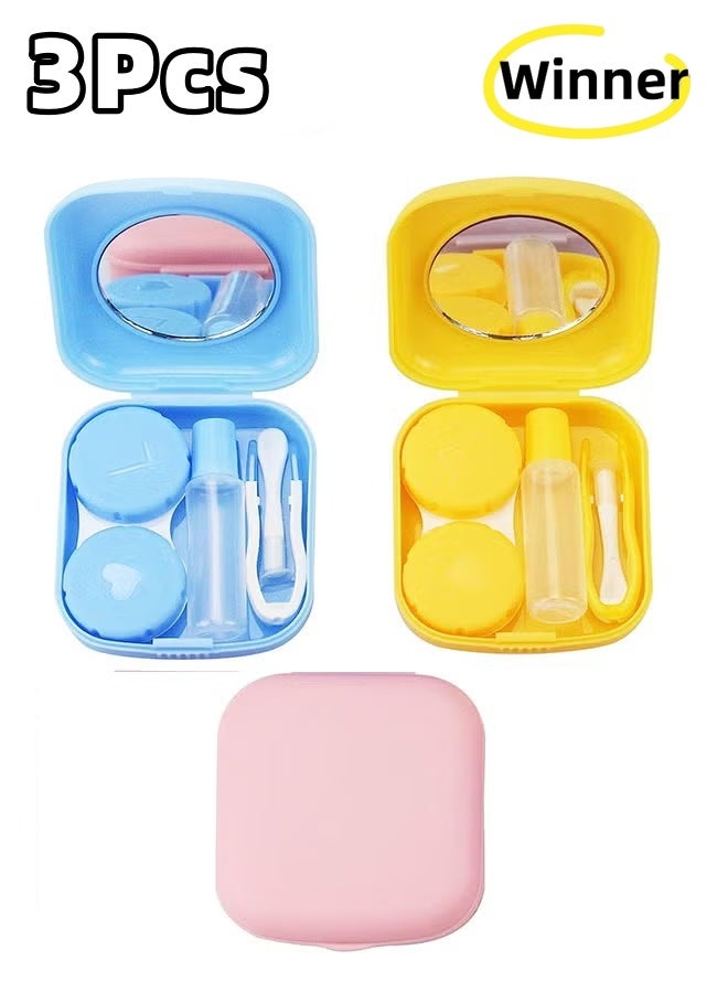 Winner 3-Piece Contact Lens Case, Contact Lens Box Holder Container, Outdoor Mini Contact Lens Soak Storage Case with Mirror for Travel&Home (Yellow, Pink, Blue) - Image 1