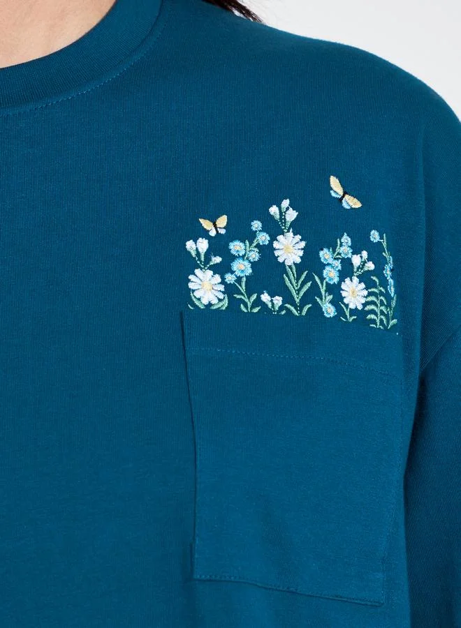 Styli Cotton Jersey Embroidered Pocket Detail T-Shirt