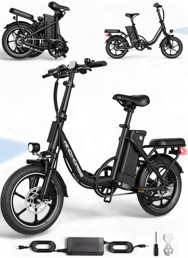Wind Horse Folding Electric Bike with 350W High Speed Motor, 36V 8AH Battery, 40 KM/H Speed, 35 KM Range, Dual Disk Brakes, Carbon Alloy Frame and 16 Inches Tires, Front Suspension Fort, Portable Electric Bike with Dual Seat  - Image 1